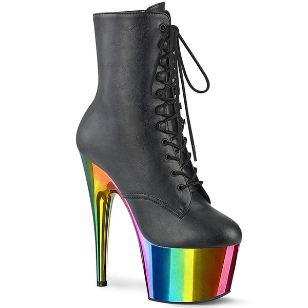 7 Inch Heel, 2 3/4 Inch Chromed Platform Lace-Up Ankle Boot, Side Zip - ADORE-1020RC