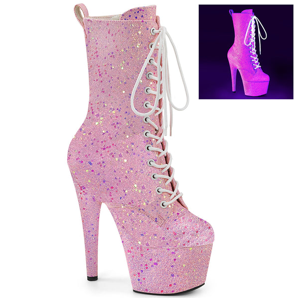 7 Inch Heel, 2 3/4 Inch Platform Lace-Up Holo Glitter Ankle Boot, Side Zip - ADORE-1040-IG
