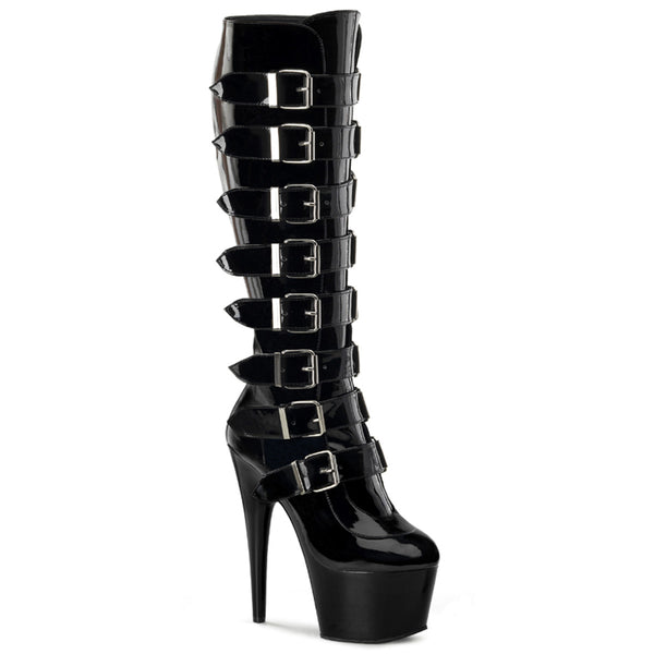 7 Inch Heel, 2 3/4 Inch Platform Knee Boot with Buckles, Side Zip - ADORE-2043