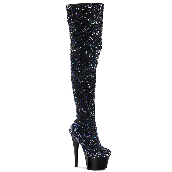 7 Inch Heel, 2 3/4 Inch Platform Sequin Thigh High Boot, Inside Zip - ADORE-3020