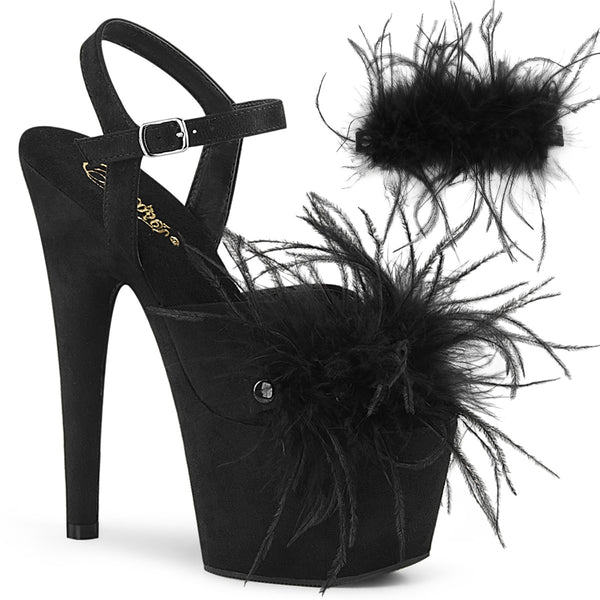 7 Inch Heel, 2 3/4 Inch Platform Ankle Strap Sandal w/Feather - ADORE-709F