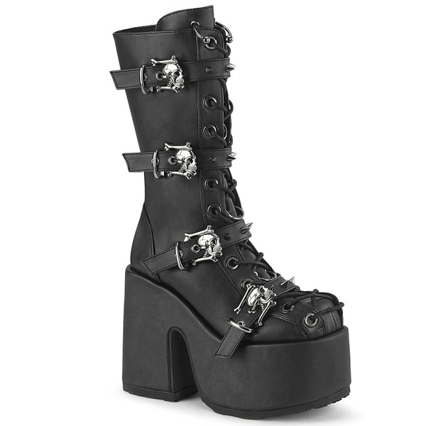 5 Inch Chunky Heel, 3 Inch P/F Lace-Up Mid-Calf Boot, Back Zip - CAMEL-115