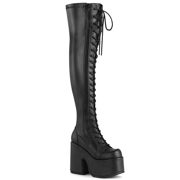 5 Inch Chunky Heel, 3 Inch Platform Lace-Up Thigh-High Boot, Outside Zip - CAMEL-300