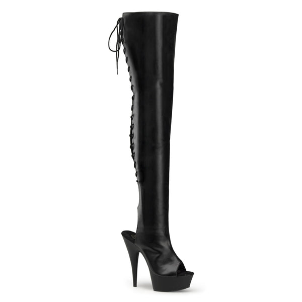 6 Inch Heel, 1 3/4 Inch Platform Thigh High Open Heel/Toe Lace Back Boot - DELIGHT-3017