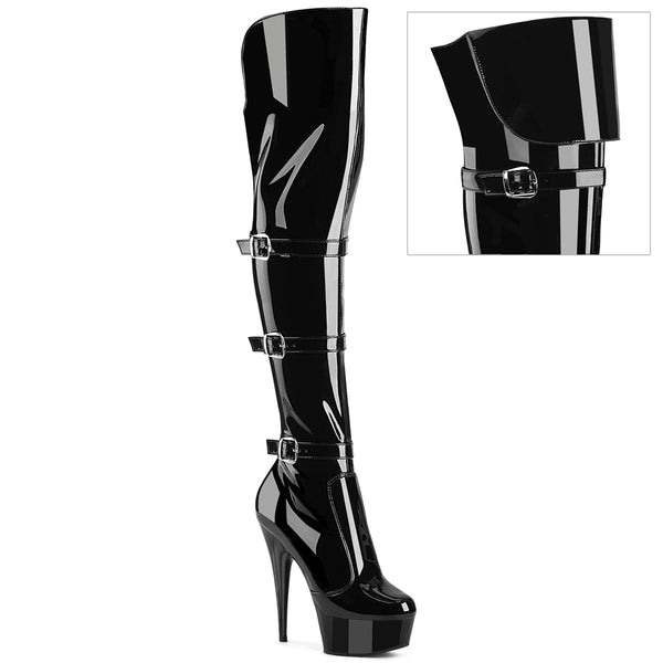 6 Inch Heel, 1 3/4 Inch Platform Triple Buckle Strap OTK Boot, Side Zip - DELIGHT-3018