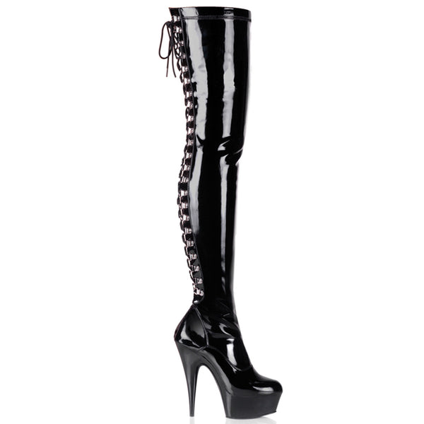 6 Inch Heel, 1 3/4 Inch Platform Back Lace Thigh Boot, Side Zip - DELIGHT-3063