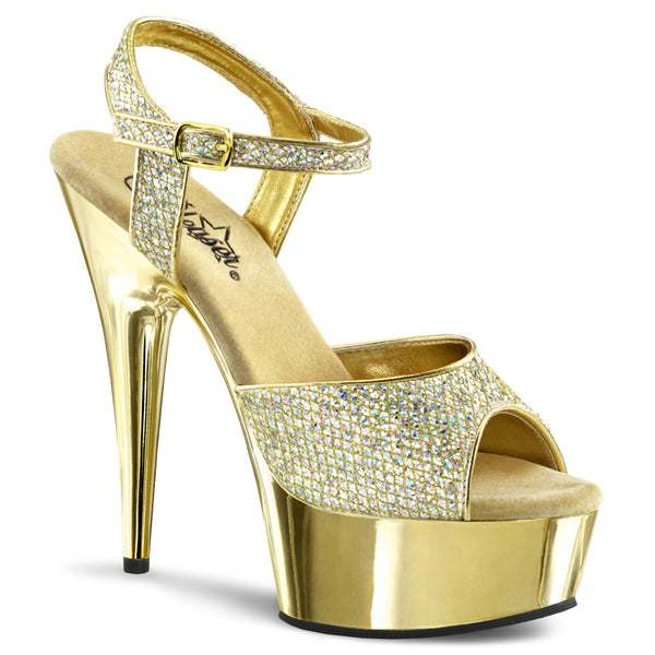 6 Inch Heel, 1 3/4 Inch Gold Chrome Platform Ankle Strap Sandal - DELIGHT-609G