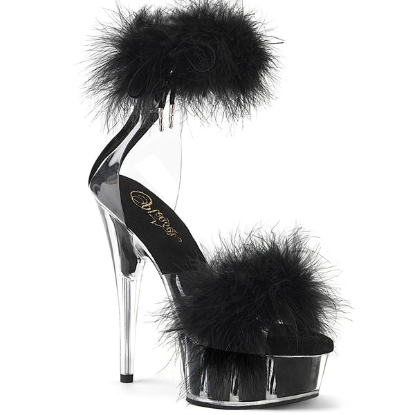 6 Inch Heel, 1 3/4 Inch Platform Marabou Fur Ankle Cuff Sandal, Back Zip - DELIGHT-624F
