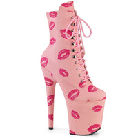 8 Inch Heel,  4 Inch Platform Lace-Up Lips Print Ankle Boot, Side Zip - FLAMINGO-1020KISSES