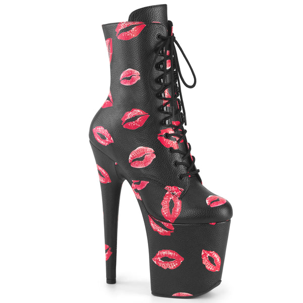 8 Inch Heel,  4 Inch Platform Lace-Up Lips Print Ankle Boot, Side Zip - FLAMINGO-1020KISSES
