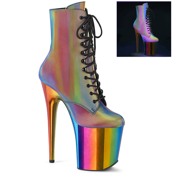 8 Inch Heel, 4 Inch Chromed Platform Lace-Up Ankle Boot, Side Zip - FLAMINGO-1020RC-REFL