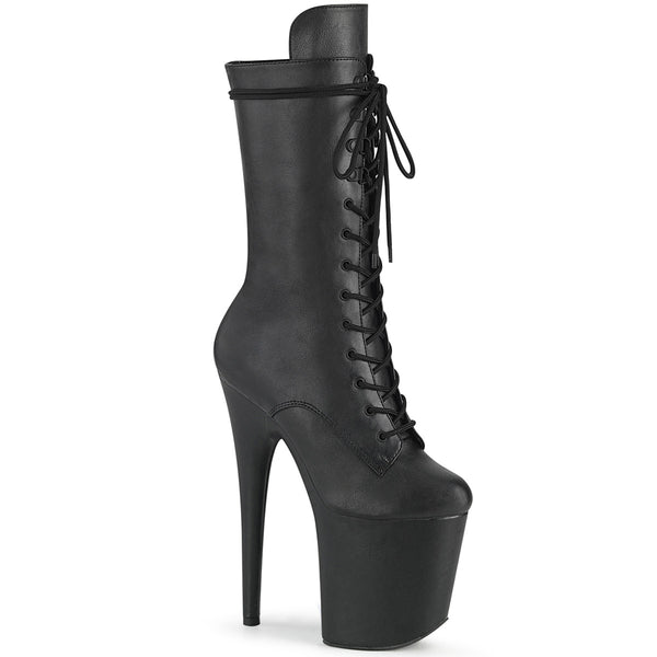 8 Inch Heel, 4 Inch Platform Lace-Up Front Mid Calf Boot, Side Zip - FLAMINGO-1050WR