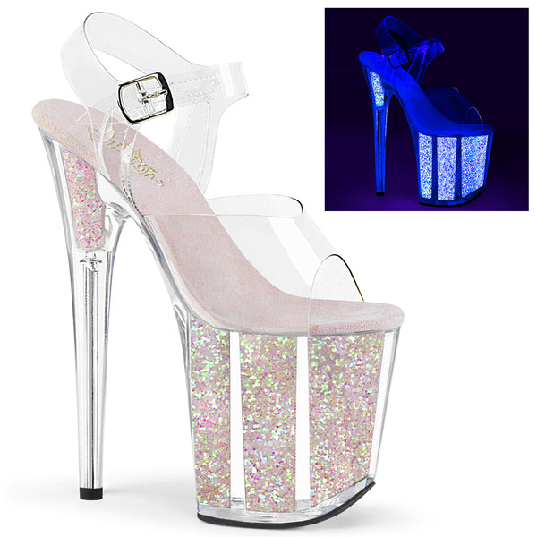 8 Inch Heel, 4 Inch Platform Ankle Strap Sandal w/Glitter Inserts - FLAMINGO-808UVG