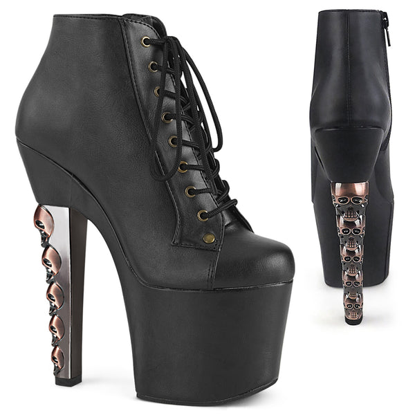 7 Inch Skull Stacked Heel, 3 1/4 Inch Platform Lace-Up Front Ankle Booite - HEX-1005