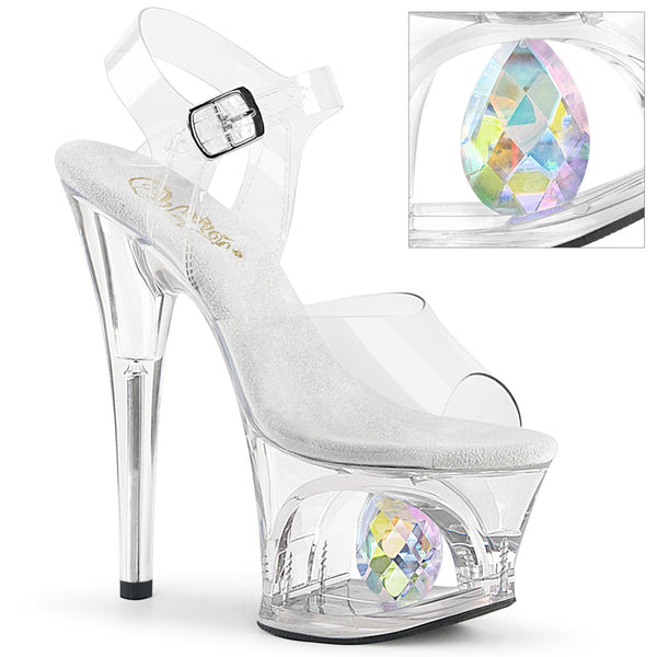 7 Inch Heel, 2 3/4 Inch Cut-Out Platform Ankle Strap Sandal w/ Diamond - MOON-708DIA