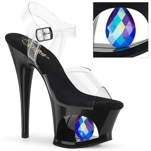 7 Inch Heel, 2 3/4 Inch Cut-Out Platform Ankle Strap Sandal w/Prisms - MOON-708DIA