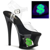 7 Inch Heel, 2 3/4 Inch Cut-Out Platform Ankle Strap Sandal w/Money Sign - MOON-708USD