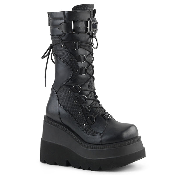 4 1/2 Inch Wedge Platform Lace-Up Mid-Calf Boot, Back Metal Zipper - SHAKER-70