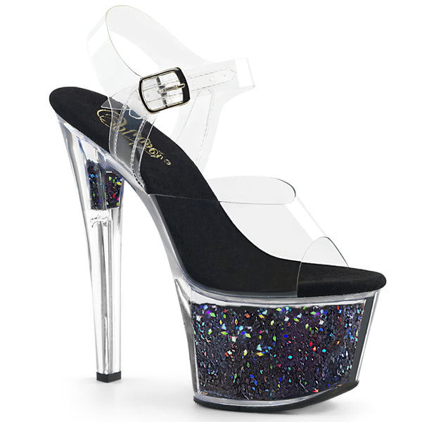 7 Inch Heel, 2 3/4 Inch Glitter Filled Platform Ankle Strap Sandal - SKY-308GF