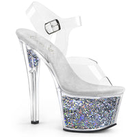 7 Inch Heel, 2 3/4 Inch Glitter Filled Platform Ankle Strap Sandal - SKY-308GF