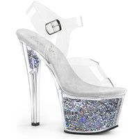 7 Inch Heel, 2 3/4 Inch Glitter Filled Platform Ankle Strap Sandal - SKY-308GF