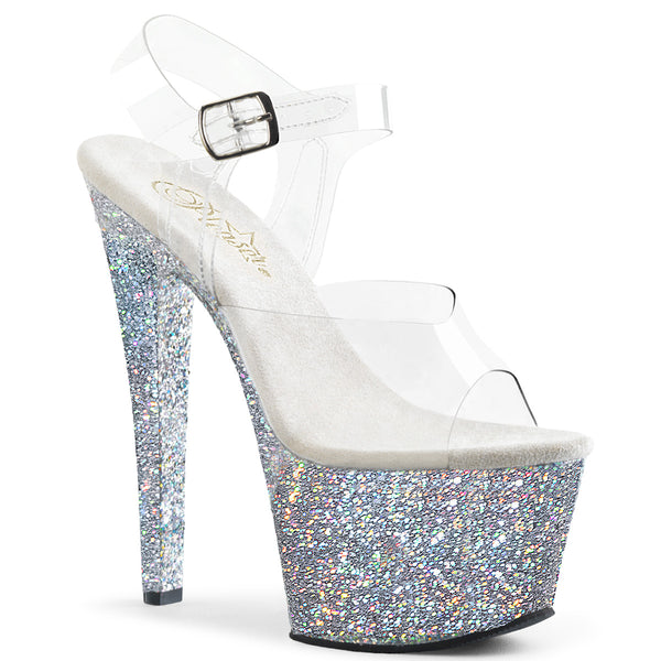 7 Inch Heel, 2 3/4 Inch Platform Ankle Strap Sandal w/ Glitter Bottom - SKY-308LG