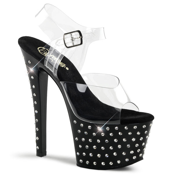 7 Inch Heel, 2 3/4 Inch R/S Studded Platform Ankle Strap Sandal - STARDUST-708