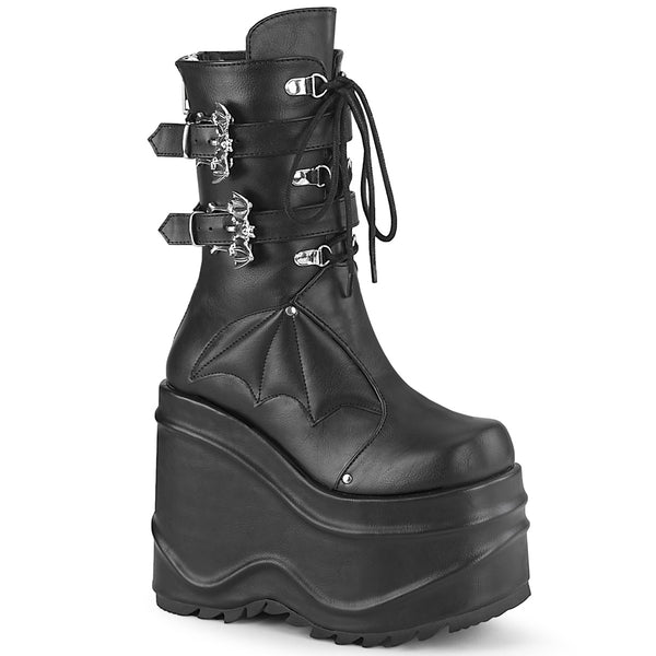 6 Inch Wedge Platform Lace-Up Mid-Calf Boot, Back Metal Zip - WAVE-150