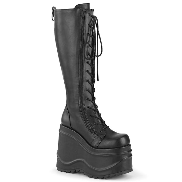 6 Inch Wedge Platform Lace-Up Knee High Boot, Back Metal Zip - WAVE-200