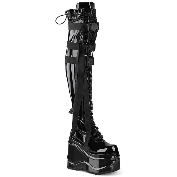 6 Inch Wedge Platform Lace-Up Stretch Thigh Boot, Side Zip - WAVE-315