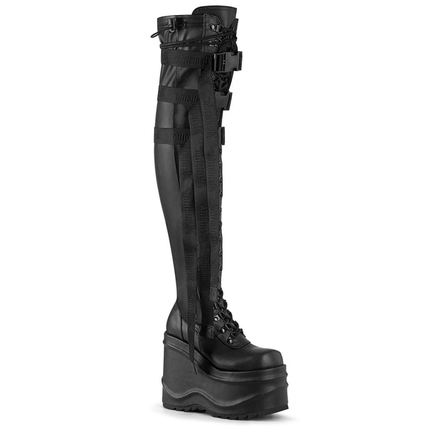 6 Inch Wedge Platform Lace-Up Stretch Thigh Boot, Side Zip - WAVE-315
